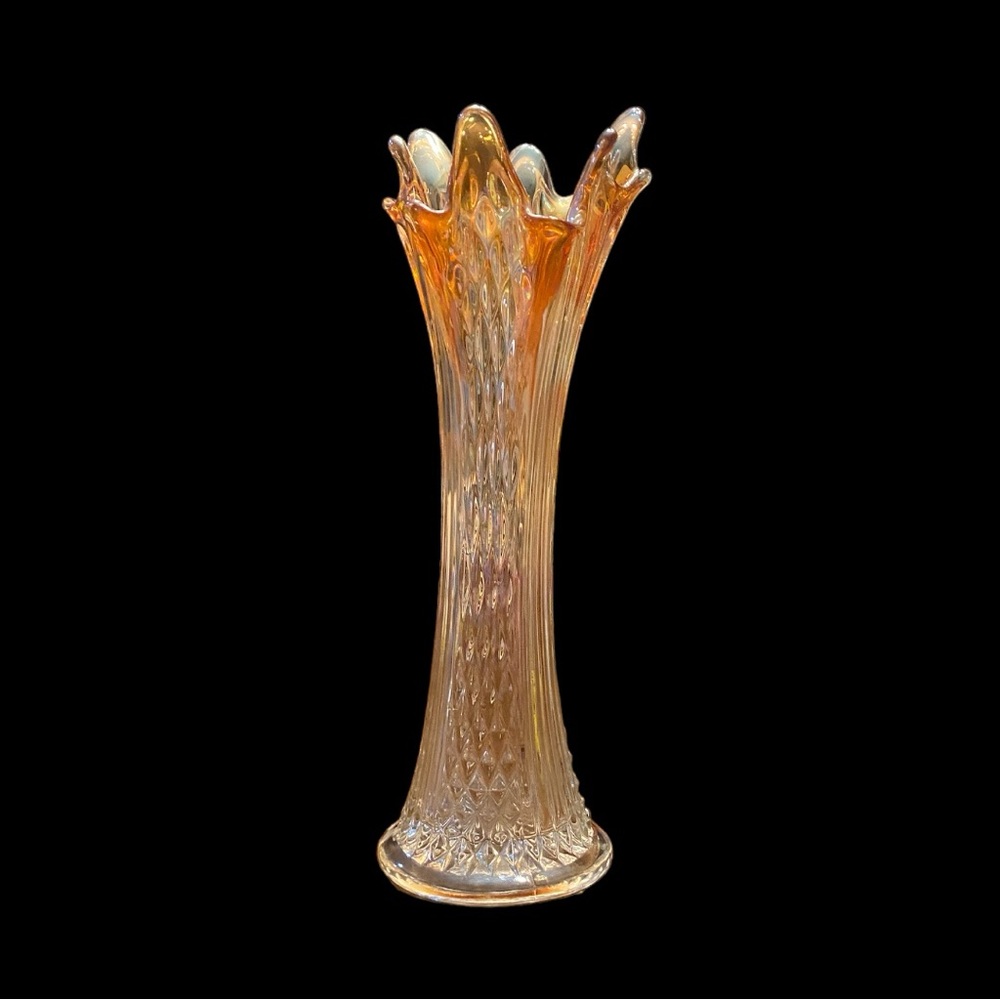 Vintage Fenton Marigold Carnival Glass Swung Vase Diamond Point Columns - Picture 2 of 12